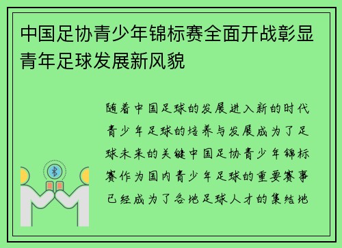中国足协青少年锦标赛全面开战彰显青年足球发展新风貌